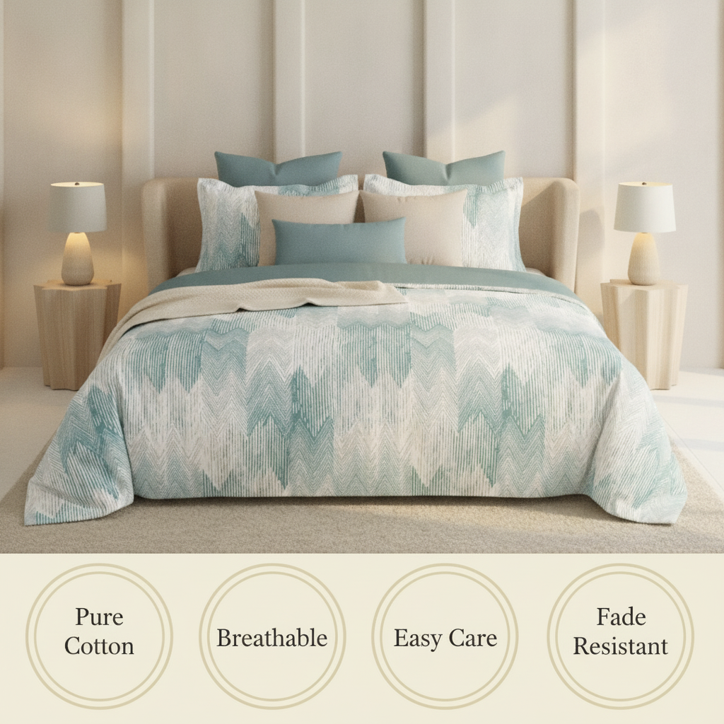 AI Generated Ocean Breeze Bedsheet in Soft Bedroom with Large Badges