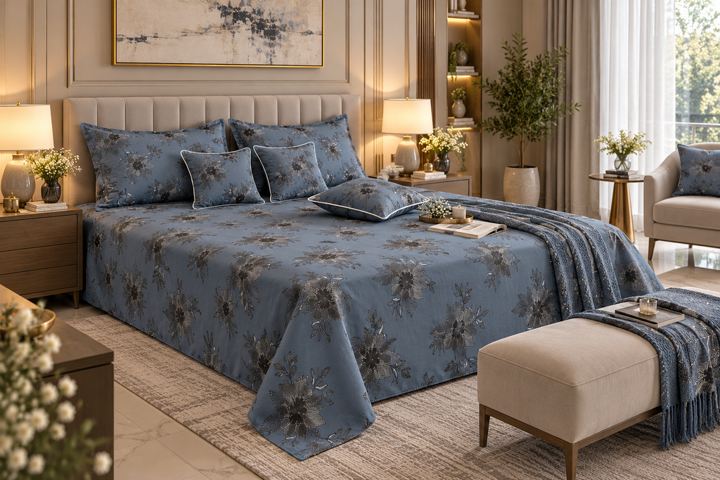 Midnight 5-Piece Gift Set – King Size Floral Bedsheet with 2 Pillow Covers & 2 Cushions
