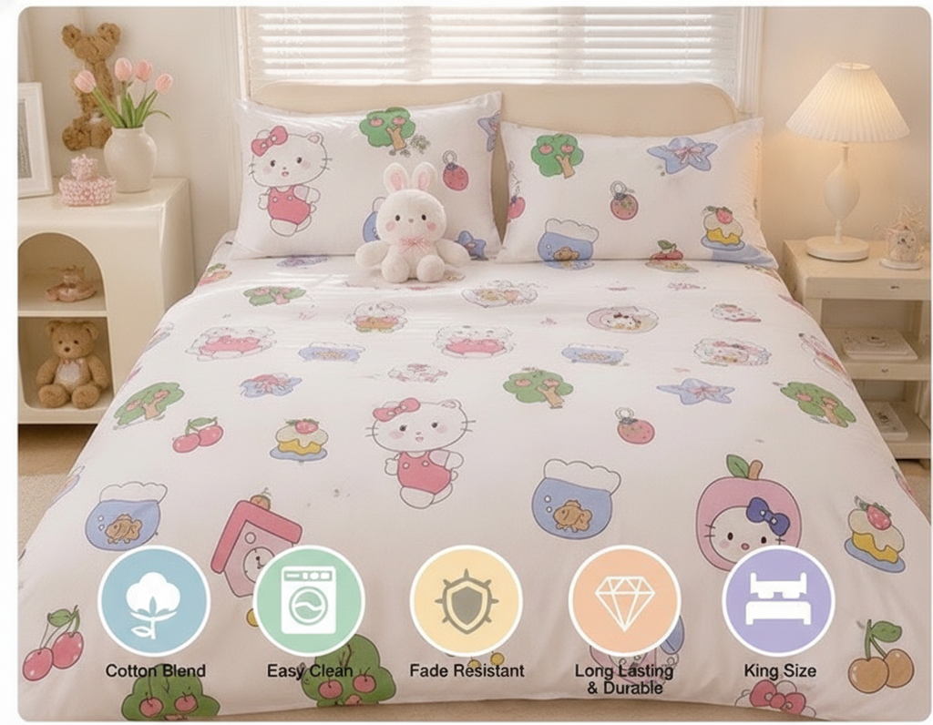 Kitty friends - Comfy Cotton Blend King Bedsheet