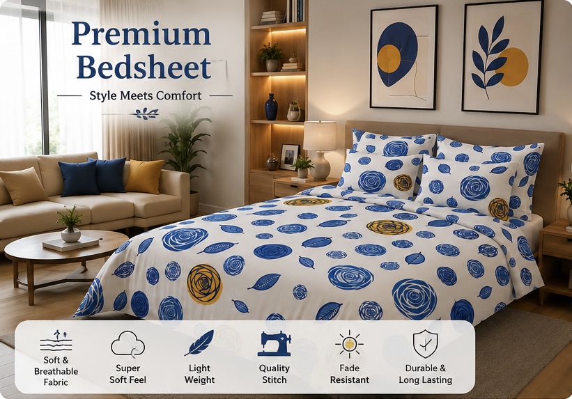 Circle Flower Print - Premium Cotton King Size Bedsheet