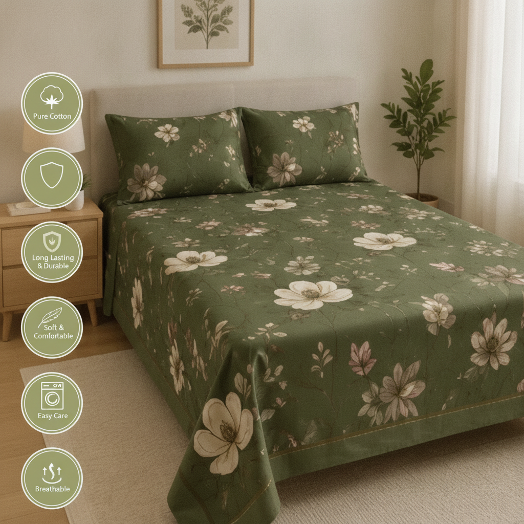 Emerald Bloom- Queen Size Bedsheet