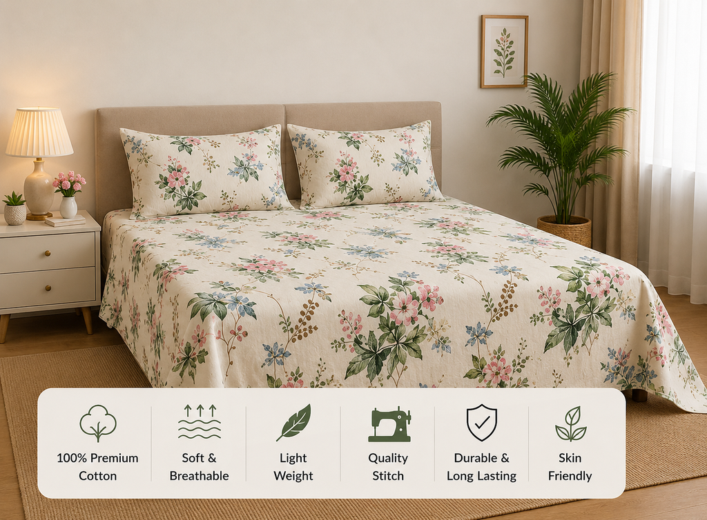 Pink Green Floral - Premium Cotton King Size Bedsheet