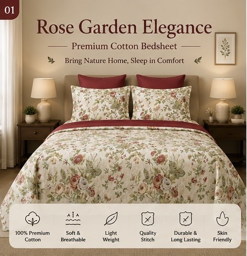 Rose Garden Elegance – 400TC Premium Cotton King Size Bedsheet with 2 Pillow Covers | Soft, Breathable & Skin