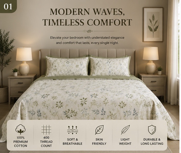 Modern leaves art  – 100% Premium Cotton King Size Bedsheet with 2 Pillow Covers | Soft, Breathable & Skin