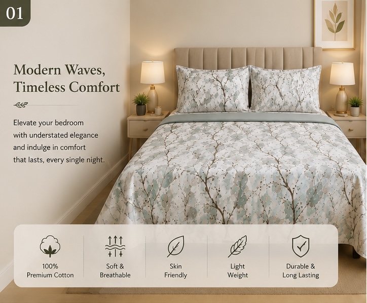 Ocean Forest  – 400TC Premium Cotton King Size Bedsheet with 2 Pillow Covers | Soft, Breathable & Skin