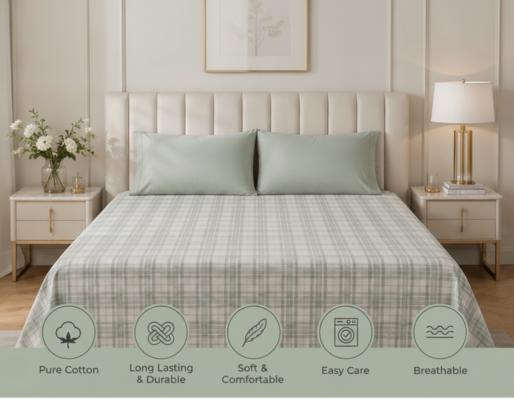 Olive Sage Check -100 % Pure Cotton King Size Bedsheet