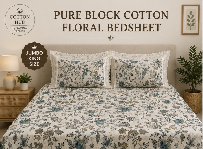 Blue True Block Double Lace - King Size Cotton Bedsheet