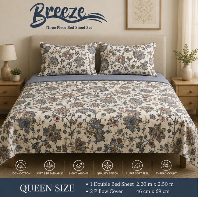 Signature Breeze  off white blue floral cotton Bedsheet-Queen Size