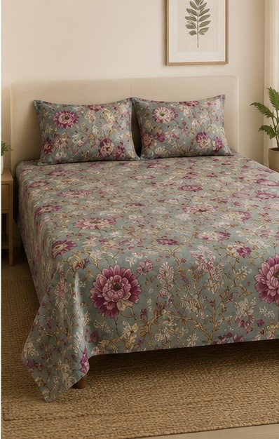 Signature Breeze Green floral Bedsheet - Queen Size