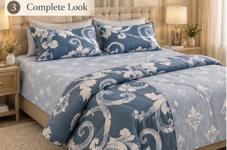 Blue-Grey Dual-Tone Floral 4-Piece Comforter Set