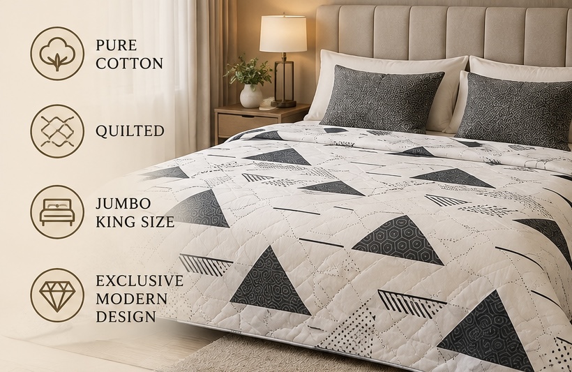 Black&White Pure Cotton Quilted Bed Cover – King Size | Exclusive Geometric Design